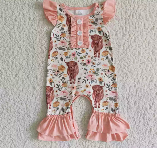 Pink Floral Highland Cow Onesie