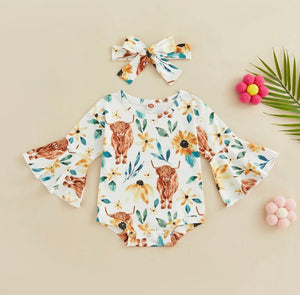 Floral Highland Cow flare Onesie