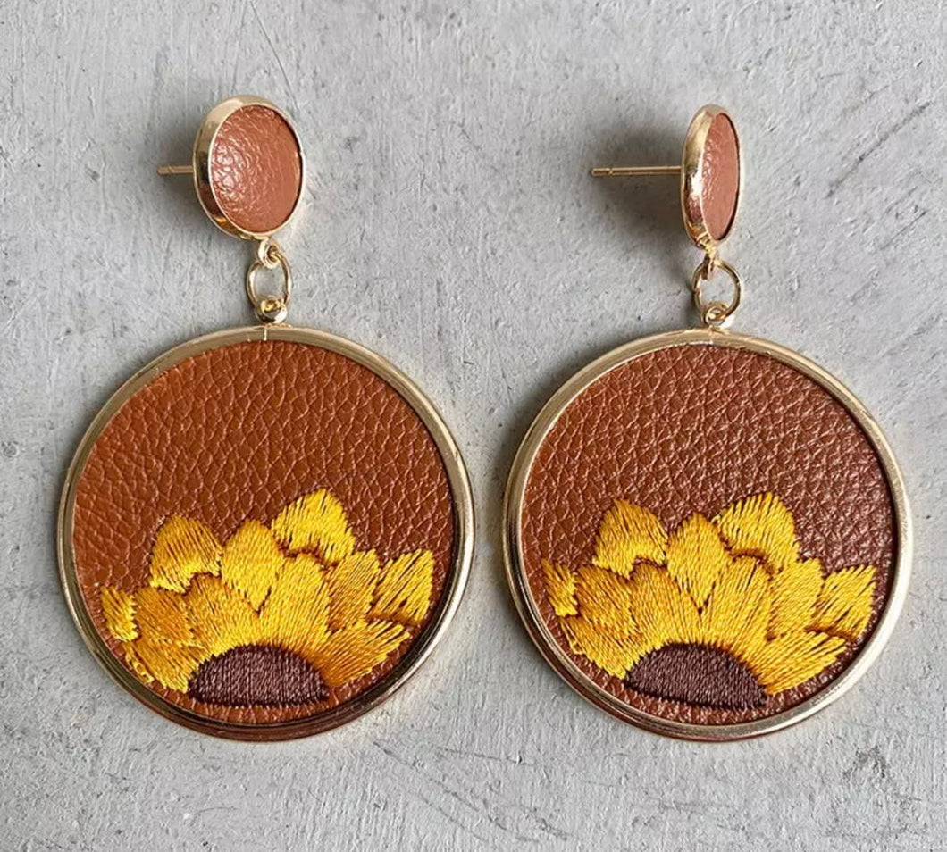 Leather sunflower earrings