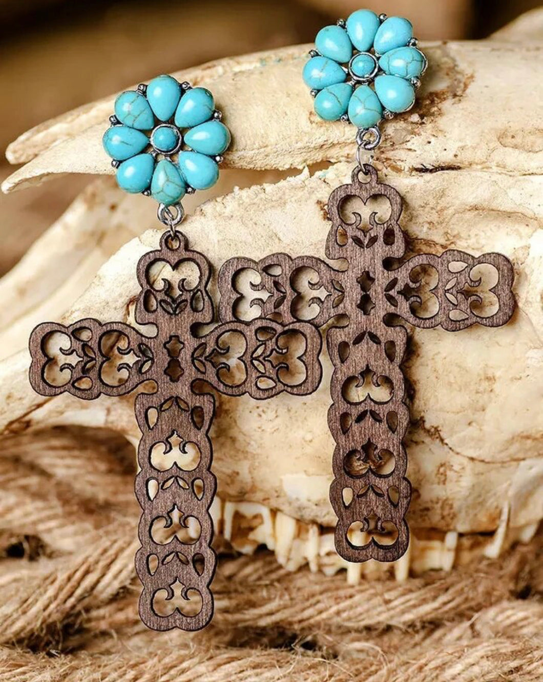 Turquoise flower cross earrings