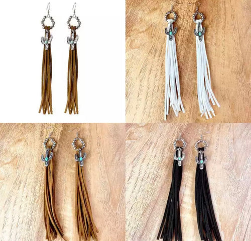 Cactus Hoop leather tassel earrings