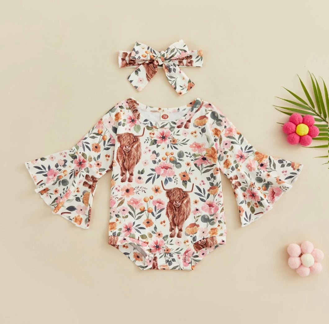 Floral Highland Cow flare Onesie