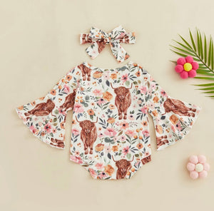 Floral Highland Cow flare Onesie