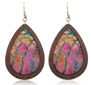 Teardrop snakeskin wooden earrings