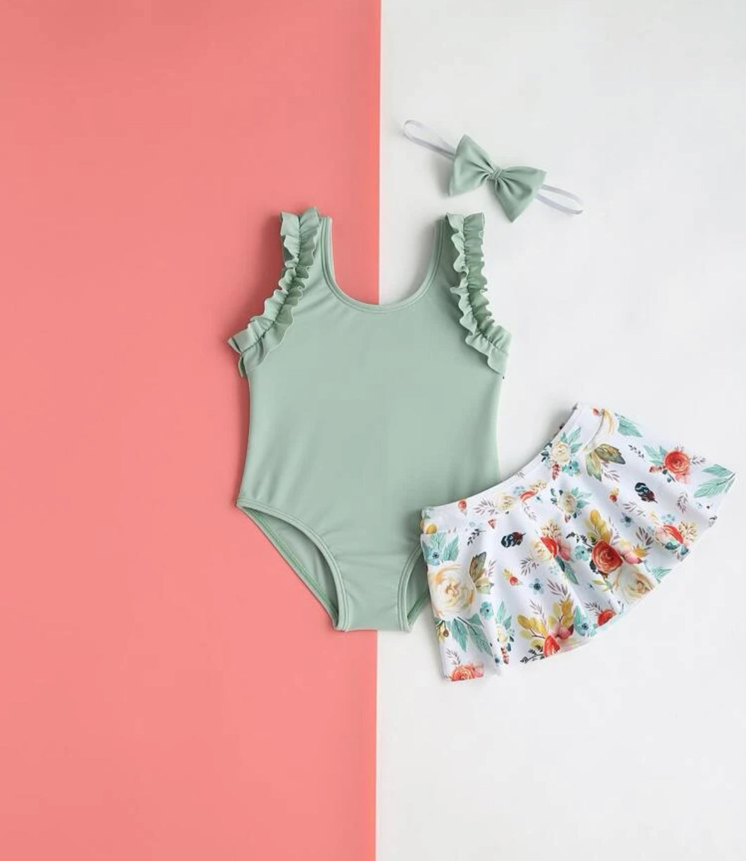 Green ruffled bikini skirt swimsuit
