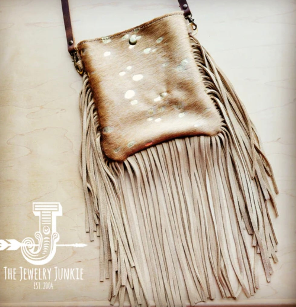 Tan Metallic full fringe crossbody purse