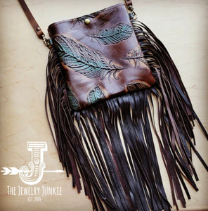 Turquoise feather Tooled Leather small crossbody purse